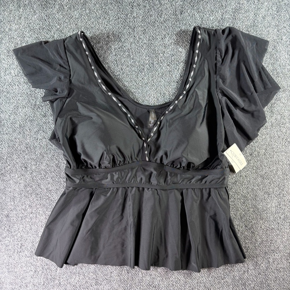 Curvagile Tankini Top Womens 1 Black Peplum Flutter Sleeve NWT Swimwear Boho